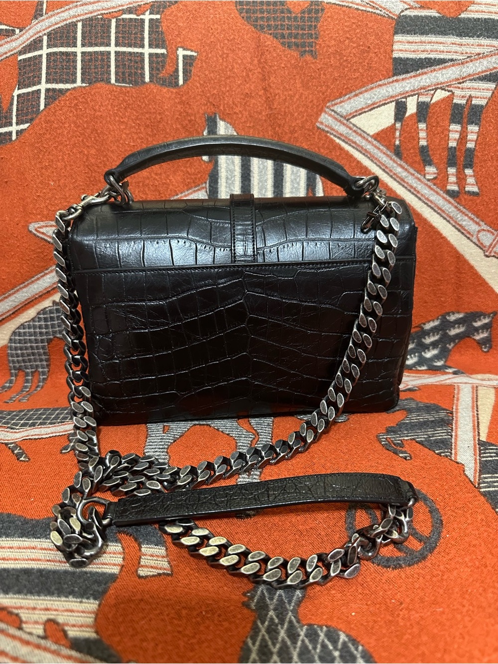 YVES SAINT LAURENT ❤️🌟BLACK CROC-EMBOSSED CALFSKIN LEATHER W/ LONG STRAP⭐️ - Picture 2 of 11